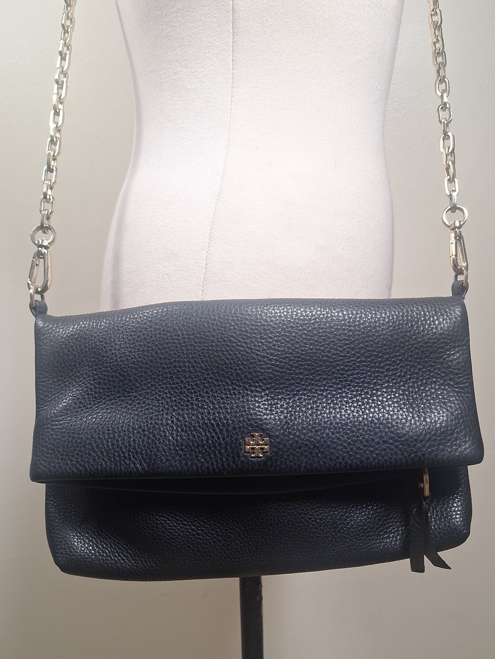 Tory Burch Black Pebbled Leather Fold-Over Crossbody Bag Clutch